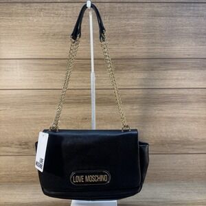Love‎ Moschino Flap Shoulder Bag Black Gold Chain